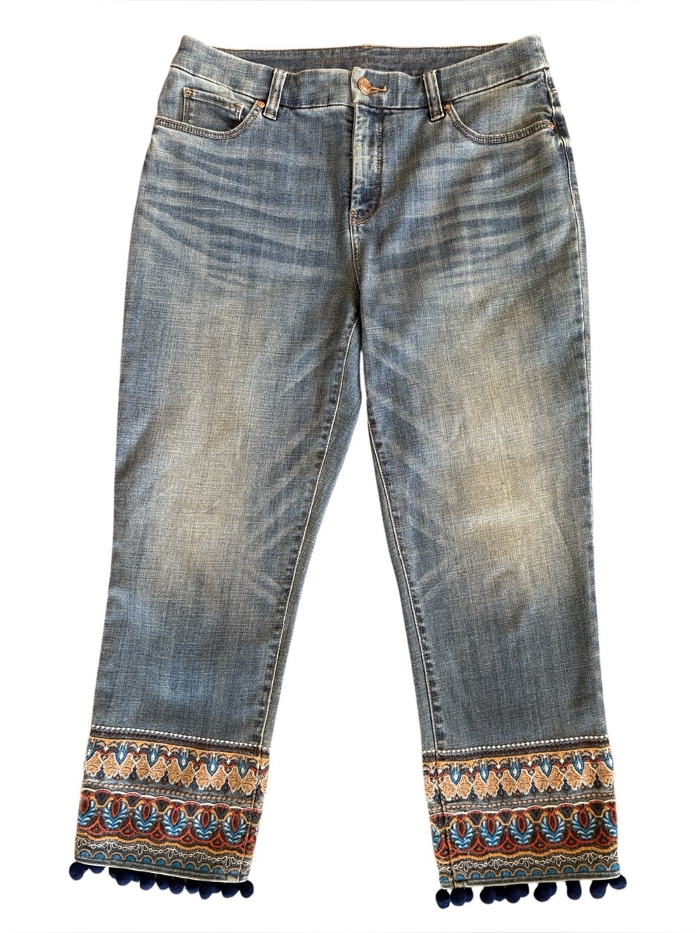 Chico’s So Slimming Girlfriend Slim Leg Crop Embroidered Blue Jean Size 1 (W 8)‎